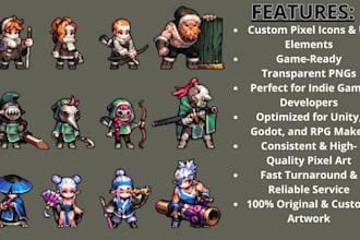 design custom pixel icons, items, props and UI elements for your indie game