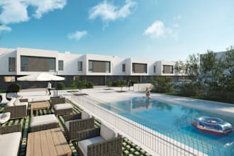 redesign 3d minimalist modern exterior,front lawn design,facade render,pool, cgi
