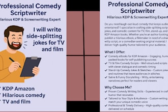 write KDP amazon hilarious comedy script side splitting jokes for tv and film