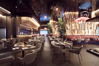 renew modern restaurant rendering, bar, coffee shop, cafe design, event 3d video