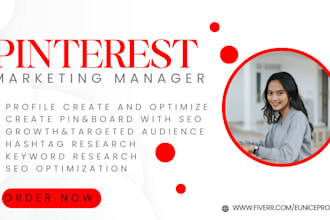 create pins and boards as a pinterest marketing manager and design SEO optimized