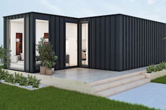 revamp shipping container tiny house, shops, restaurants, kiosk, cafe,cgi render