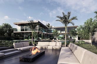 villa interior, home with seat terrace, golf simulator area,3d cgi render, video