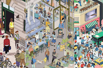 create custom doodle cartoon vector map and children book in wheres waldo style