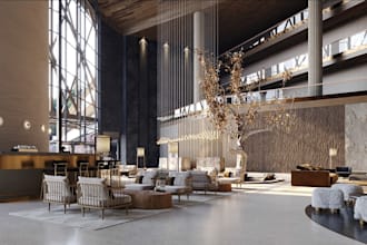 renew 3d hotel reception,lobby design, real estate,commercial building rendering