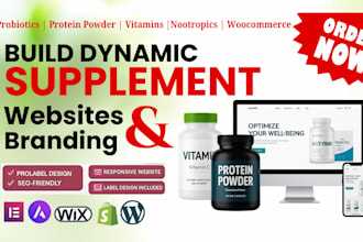 build dietary supplement website probiotics, protein powder vitamin label design