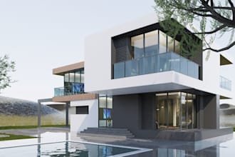 renovate 3d luxury villa front,facade design,garden landscape,cgi balcony render