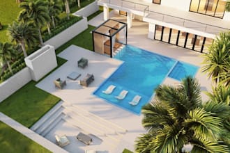 renew 3d modern villa, exterior outdoor patio, cgi landscape garden, pool design