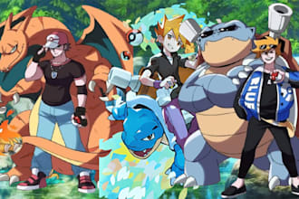 design animestyle pokémon trainers, fakemon, digimon, merch art t shirt design