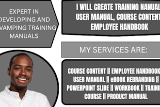 create training manual, user manual, course content, employee handbook, workbook
