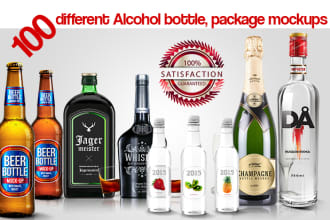 put label, logo on 3d alcohol bottle mockups like beer, wine