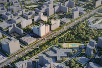 create majestic 3d aerial birds eye view render, city map site, landscape resort