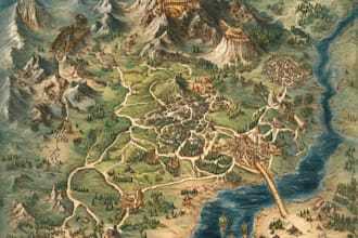make a fantasy map with parchment style for storybook