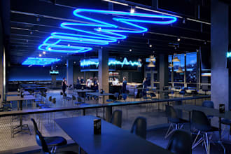 redesign 3d cgi stadium club house,restaurant food court,pub,bar interior render