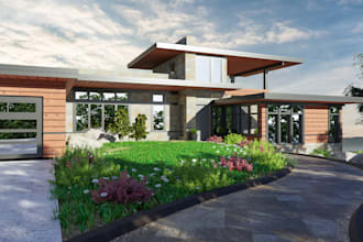 landscape 3d garden, barn, pool, villa exterior, terrace, outdoor yard, patio