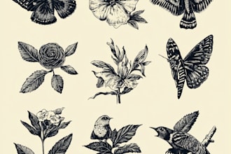 do animal and botanical linocut doodle illustration
