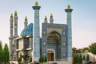 renewed 3d mosque,masjid, cgi realistic interior, exterior rendering, imam space