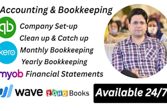 do bookkeeping in quickbooks online, xero, wave, myob and zoho books