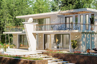 be digital architectural designer, modern cabin render, terrace, exterior render