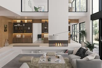 optimize 3d modern house, interior visualization, furniture layout, glass house