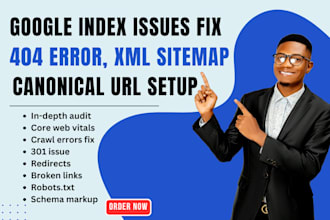fix google index issues, XML sitemap, robots txt, canonical URL setup, 404 error