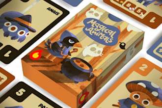 illustrate card game design, flash card, board game, card box mockup, rule book