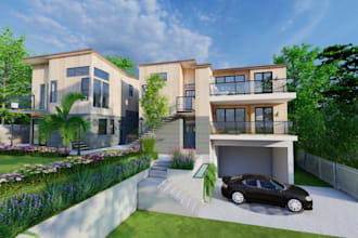 remodel 3d residential house, front facade,garden decor, outdoor patio,8k render