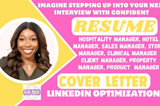 do hospitality, hotel, sales, store, clinical, property, product manager resume