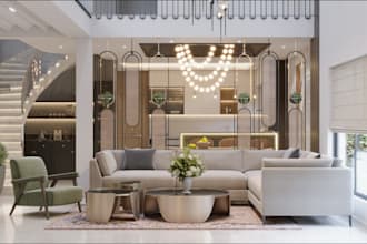 refine 3dinterior render,furniture setup,lightning design,ceiling,wall partition