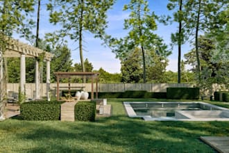 optimize garden design,swimming pool, cgi render outdoor area,fireplace, pergola