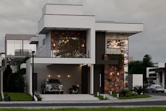 renew 3d modern villa,exterior facade,cladding stone design,balcony,3d elevation