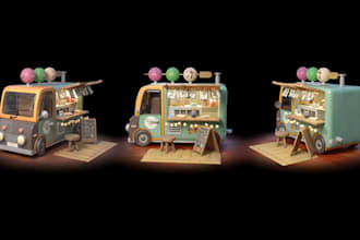render 3d fast food truck, kiosk, ice cream cart, car, van, vehicle, truck wrap