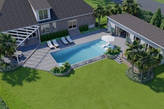 draft 2d floor plan and model in sketchup,landscape design, pool deck, rendering