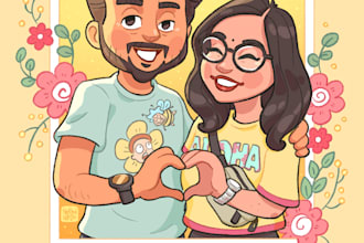 draw cute cartoon portrait, couple or family illustration, unique gift