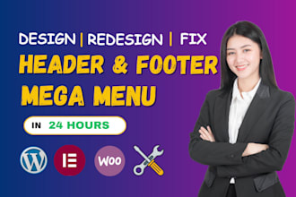 design or fix wordpress header footer and mega menu within 24 hours