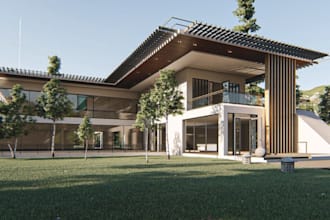 inspired 3d exterior villa house, louvre grass, tiles, terrain outdoor, blender