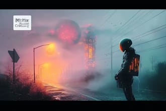 create sci fi or cyberpunk art, scene or landscape artwork