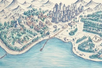 create unique fantasy map entirely by hand drawn on paper