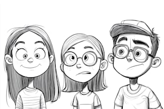 draw black and white funny cartoon line art