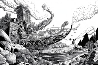 draw fantastic detailed black and white illustrations