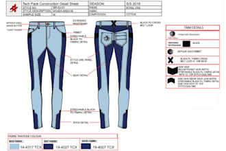 create fashion tech pack, clothing tech pack, flat sketches, technical drawing