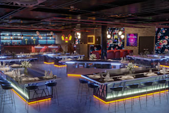 modern luxury 3d cgi club house, restaurant food court, pub,bar, cafe, lounge VR