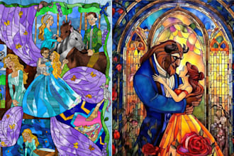 draw colorful fantasy stained glass art or character illustration for you