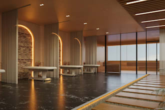 open floor plan,sauna,steam 3d rendering,archiviz public bath,furniture,revit 3d