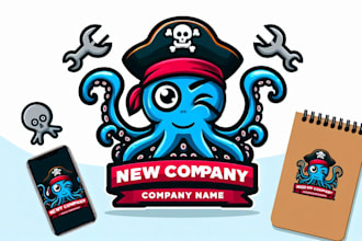 design cartoon pirate octopus mascot logo with express delivery