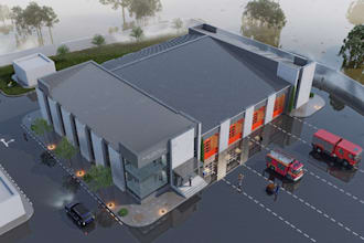 enhance 3d commercial buidling,garage,fire station,landscape elevation,rendering