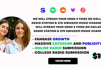 stream your song 3 times on college radio station 270 siriusxm music channel