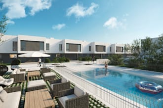 build 3d real estate design, house elevation, patio,swimming pool,outdoor render