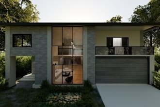 design summer exterior, living space,boho dining room, forest cabinet house, cgi