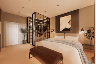 design minimalist bedroom,living room, apartment, walkthrough, autocad rendering